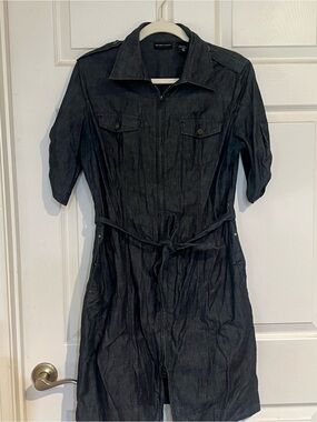 New York & Company Black Denim Midi Shirt Dress with Tie Belt